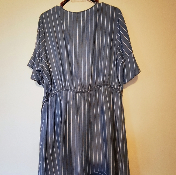 CITY CHIC WOMEN'S BLUE/WHITE PEN STRIPES RUFFLE FAUX WRAP DRESS SIZE L/20 - Picture 4 of 12